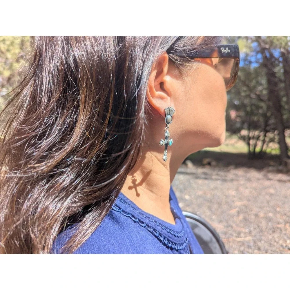 Native Am Earrings Navajo‎ Iodize Sterling Silver Cross Turquoise Jewelry**